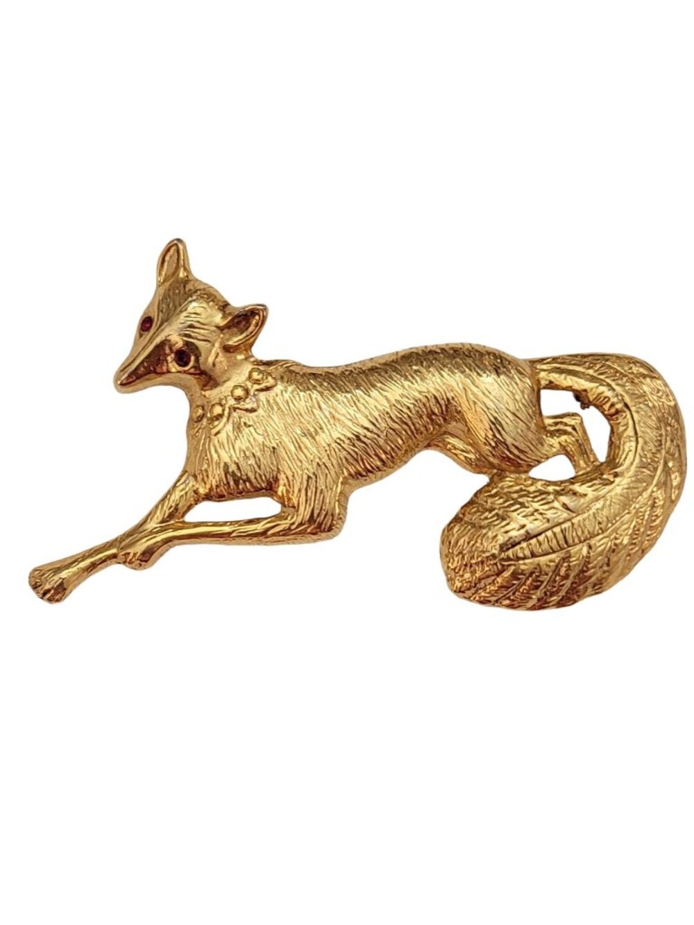 Gold Tone Red Rhinestone Graceful Chunky Fox Brooch Pin K689